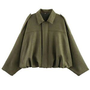 Faux Suede Bomber Jacket Oversized Lapel Pilot Coat Long Sleeve